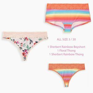 TORRID PLUS SIZE PANTIES 3 PAIRS 3X FLORAL THONG COTTON STRIPE BOYSHORT LACE